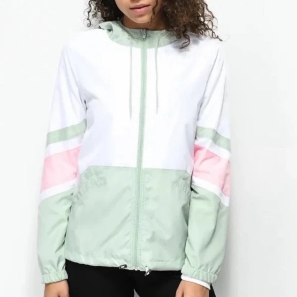 Zine Clothing Women's White and Light Green Hooded Jacket Size M